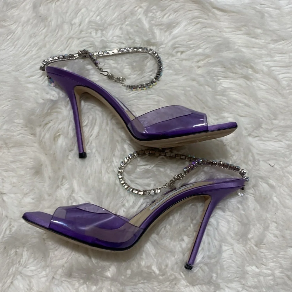 Jimmy Choo Saeda 100 Crystal embellished PVC & satin‎ sandals size 38EU